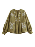 2025 Spring V-Neck Lantern Sleeves National Style Embroidery Shirt Trend Sleeves