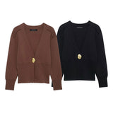 Simple Temperament Metal Button Knitted Cardigan 2025 Spring Long Sleeve V Collar Short Coat Woman