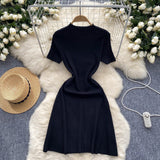 Cousin Temperament Half-High Collar Short-Sleeved Dress Female Design Button-Skinny Open Fork Medium Long Knitting Skirt