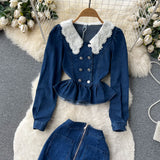 Spring New Retro Suit Female Lace Doll-Collar Denim Jacket + Medium And Long Bag Hip Skirt Two-Piece