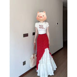 Korean Shoulder Short-Sleeved T-Shirt Crumm Skirt Suit Women's Summer New High-End Temperament Sweet Two-Set