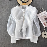 French Court Style Super Fairy Collar Layer Lotus Edge Eugen Yarn Perspective Single Buckle Shirt Female Gas Top