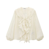 Outside 2025 Spring And Summer New Women's Fashion Casual Loose Laminated V-Neck Decorated Shirt