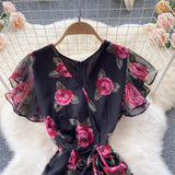 2025 New Light Luxury Chiffon Print Dress Temperament Lotus Side Fishtail Dress Female Dress Thin
