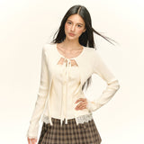 2025 New Women's Design Temperament Lace Splicing Elastic Knitting Shirt Fashion Two Sets