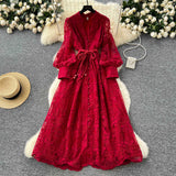 French High-End Women's Dress 2025 Spring Collection Heavy Industry Embroidery V Neck Lantern Sleeve Single Row Buckle Long Skirt