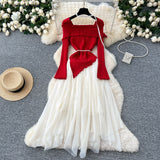 French Gentle Wind Three-Dimensional Flower Collar Long Sleeve Knitted Mesh Tau Coop Ponopne Irregular Fairy Dress