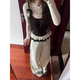 Korean Rice White Temperament Spliced High-Waisted Casual Pants Women Spring New Small Loose Broad Legs Long Trousers