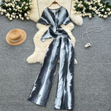 Lightly Mature Two Sets Of Women's Summer Dress Design Cross-Round Neckline Short-Sleeved Print Top High-Waisted Casual Broad-Legged Trousers