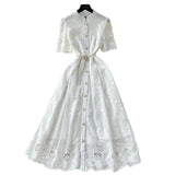 2025 Summer Women's Dress Small High-End Embroidery Single Buckle Waist Elegant Knee Long Skirt