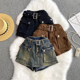 Vintage Babes Work Style Skirts Women High-Rise Thins Retro Old Denim Shorts Wide Leg Trousers