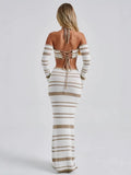 2025 New Hottie Women's Suit Summer Striped Long-Sleeved Hanging Neck Top Skirt Two-Piece Women
