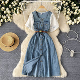 Short-Sleeved Dress Women's 2025 Summer Dress New Design Collar Bubble Sleeve Splicing Age-Sensitive Fashion Denim Long Dress
