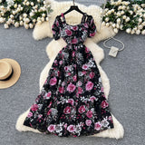 French Famous Breeze Mashed Flowers Bubble Sleeves With Dress Women Summer Waist Repair Royal Sister Temperament Beautiful Long Dress