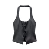 Bow Hanging Neck Sling Vest Low-Rise Fine Striped Skirt Sling Skirt Slings