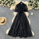 French High-End Temperament Dress Women 2025 Summer Fashion Strap To Single Buckle Embroidery Mesh Dress