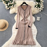 High-Level Small-Sized Famous Woman Hit The Color V-Neck Long Sleeve Single Buckle Waist Knitted Dress Women With Fish Tail