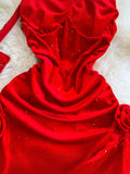 Vintage Red Velvet Sling Dress Woman Irregular Opening Sexy Bag Hip Heavy Industry Dress Dress 0453