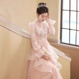 Pink Art Exam Evening Dress Woman 2025 New Long-Sleeved Light Luxury Small Temperament Long Banquet Host Ponpong Skirt