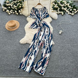 Lightly Mature Two Sets Of Women's Summer Dress Design Cross-Round Neckline Short-Sleeved Print Top High-Waisted Casual Broad-Legged Trousers