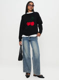 2025 New Women's Knitted Round Collar Loose Top Fashion Cherry Languid Long-Sleeved Sweater