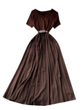 French Summer Senior Round-Neck Short-Sleeved Dress, Tie, Waist Splicing, Elegant Large Hem Length