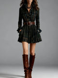 2025 Women's Digital Printed Check-Shirt Dress Waist Pocket Dress