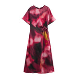 Women's Clothing 2025 Spring New Temperament Elegant Silk-Sting Texture Waist-Print Amply Dress