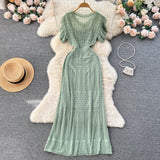 Summer Korean Ins Short Sleeve V-Neck Hepburn Style Temperament To Show Thin Dress Women's Waist Bag Hips Long Skirt Tide