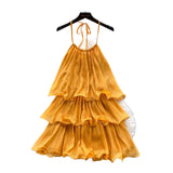 Yellow Dress Women 2025 Summer French Atmosphere With A Sense Of Hanging Neck Sling Lotus Side Splicing Cake Holiday Skirt