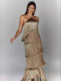 GY25044 Fashion Hanging Neck Solu Back Open Dress