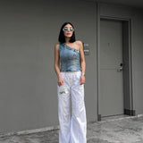 Z Asymmetrical Collar Retro Denim Breast Wrap Blouse 6045005