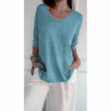 Knitted Casual Sweater Basic Thin V-Neck Seven-Sleeve Solid Female Bottoming Shirt Ice Cream Color