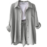 2025 Women's Wrinkle Collar Long-Sleeved Shirt High-Waisted Rope Shorts Fashion Casual Two-Piece Set