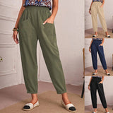 New Four-Season Cotton Nine-Point Trousers Loose Waist Slacks Slant Pocket Trousers Women