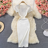 Tight-Up Thin Collar Knitted Dress Short Sleeve 2025 Summer New Temperament Sexy Hot Ass Long Skirt