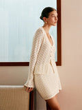 2025 Summer New Set Knitted Hollow Deep V Collar Long Sleeves Shirt Casual Skirt