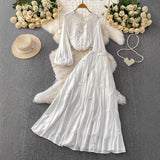 Gentle Style Pink Three-Dimensional Flower Collar Lantern Sleeve Shirt Lady Autumn High-Rise Dress Set