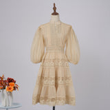 Solid-Color Dress Eugen Yarn Half-Open Lantern Sleeve Middle Sleeve Dress Lace Lace To Receive Waist Skirt