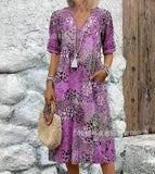 2025 New Printed Summer V-Neck Casual Holiday Bag Dress Home Clothes Women