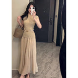 Apricot High-Waisted Folding Skirt Dress Girl 2025 Spring Lanky Wind Hanging Feeling Big Skirt A Word Long Skirt
