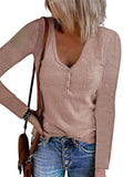 2025Wish Autumn New Women's Button Vest Solid Color V-Neck Long-Sleeved T-Shirt Top