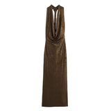 2025 Summer New Women's Sexy Back Repair Metal Foil Hanging Neck Dress