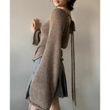 Spring And Summer 2025 New Women's Temperamental Horn Sleeve Knitted Top With Sexy Bare Back Sweater