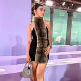 Fashion 2025 Autumn New Women's Sexy Hanging Neck Hairy Neck Stitching Bump Color Bag Hip Dress