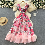 French Elegant Dress Women's Summer Famous High-End Feel Lotle Side V-Neck Waist Thin Print Large Swing Dress