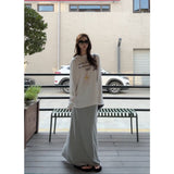 Lazy Wind A Set Of Letter-Print White Long-Sleeved T-Shirt Micro-Permeable Gray Light European Skirt