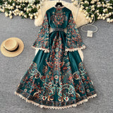 Court Style Retro Collar Single Buckle Horn Sleeve Long Lace Dress Women Fashion Print Long Dress