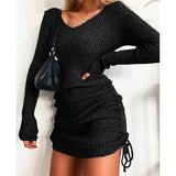 2025 Knitted Sweater V Collar Long Sleeve Autumn And Winter Sexy Body Threaded Skirt Folding Drawstring Skirt