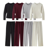 Multi-Color Double-Sided Cloth Body Round-Neck Long-Sleeved Head-Dressed Tight High-Waisted Straight Trousers Casual Suit Woman